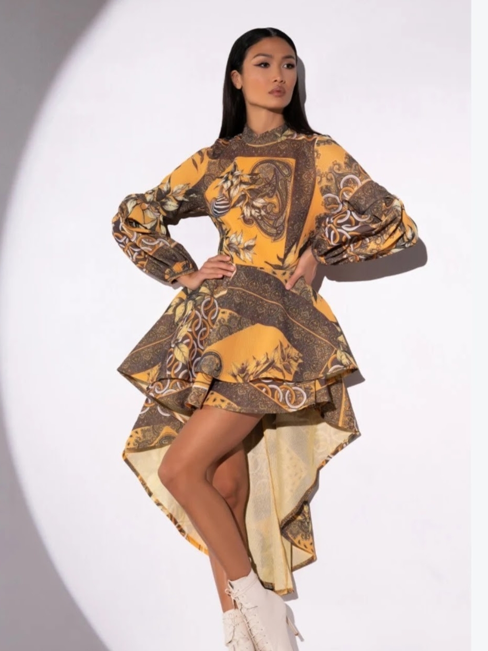 AKIRA Mustard Yellow & Brown Paisley High-Low Dress